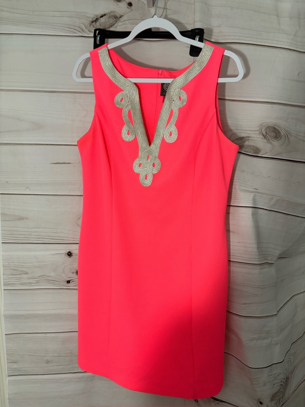 Vince Camuto Neon Coral Sleeveless Shift Dress with Gold Trim